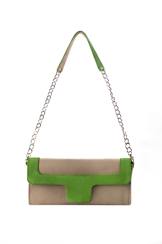 Women's tan beige and grass green luxurious elegant clutch for ceremonies, weddings and evenings out. - Top view